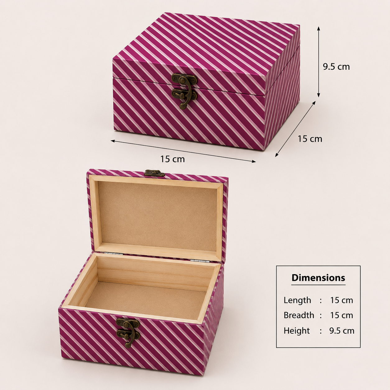 Premium Wooden Storage & Gift Box with Metal Lock | 15 × 15 × 9.5 cm Decorative Keepsake Box for Jewelry, Chocolates & Gift Hampers