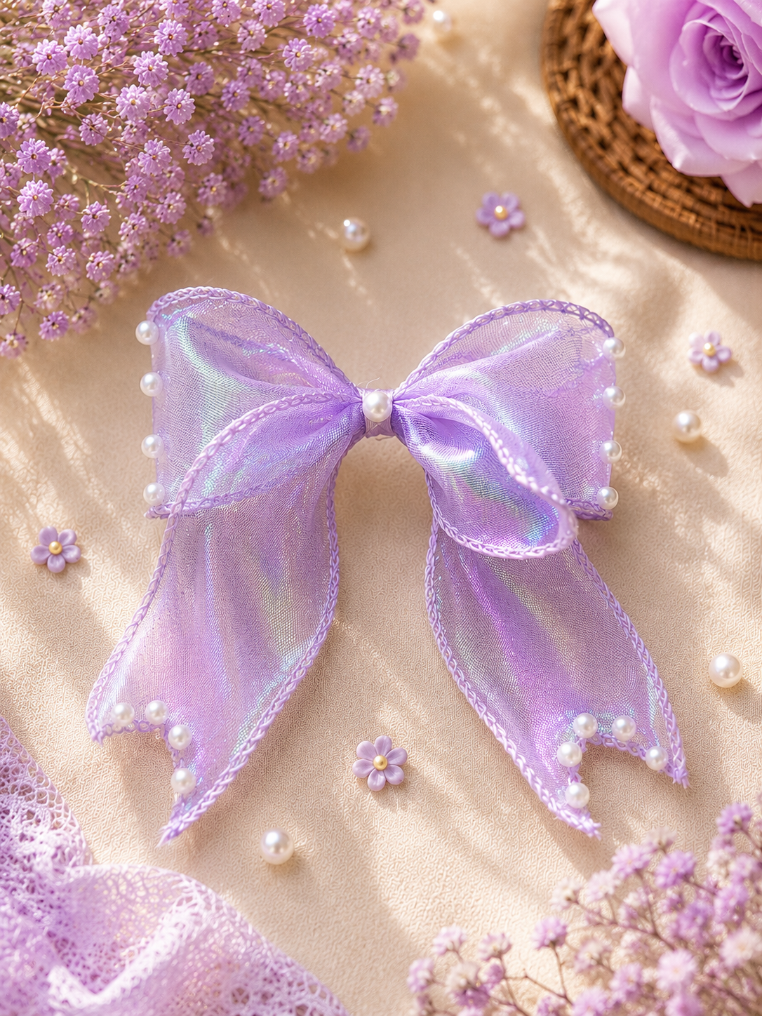 Premium Organza Pearl Hair Bow Clip | Elegant Handmade Hair Accessory for Girls, Kids & Women | Party, Wedding & Festive Wear