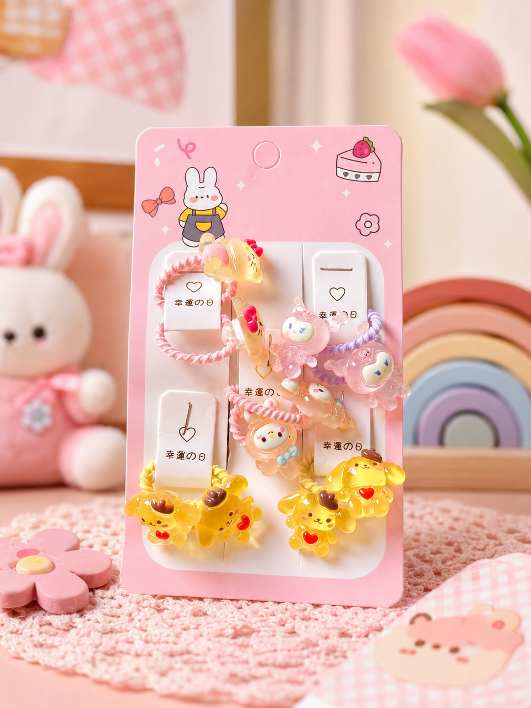 Kawaii Cartoon Animal Hair Ties Set - Puppy, Bear, and Rabbit Elastic Hair Bands for Kids and Girls