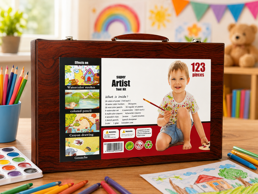 Wooden Artist Art Set – 123 Pieces Kids Drawing & Painting Kit