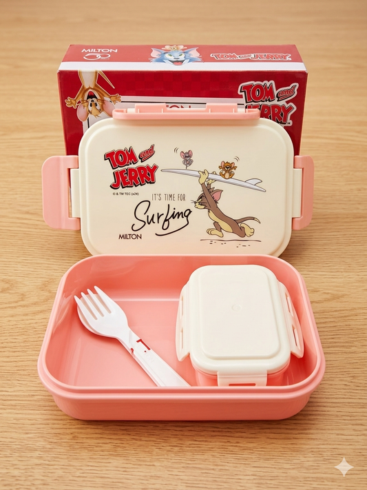 Tom n Jerry Lunch Box for Kids Boys & Girls with Leak-Proof Inner Container | Food Grade | BPA Free | Compact & Durable | Snacks Box for Kids I Plastic Spoon & Fork | 520 ml