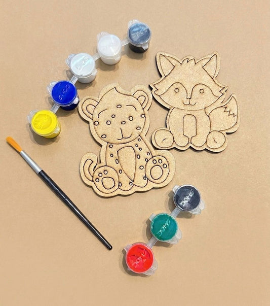 DIY Wooden Animal Painting Kit for Kids | 2 Cute MDF Animal | 6 Watercolours and Brush | Art & Craft Activity