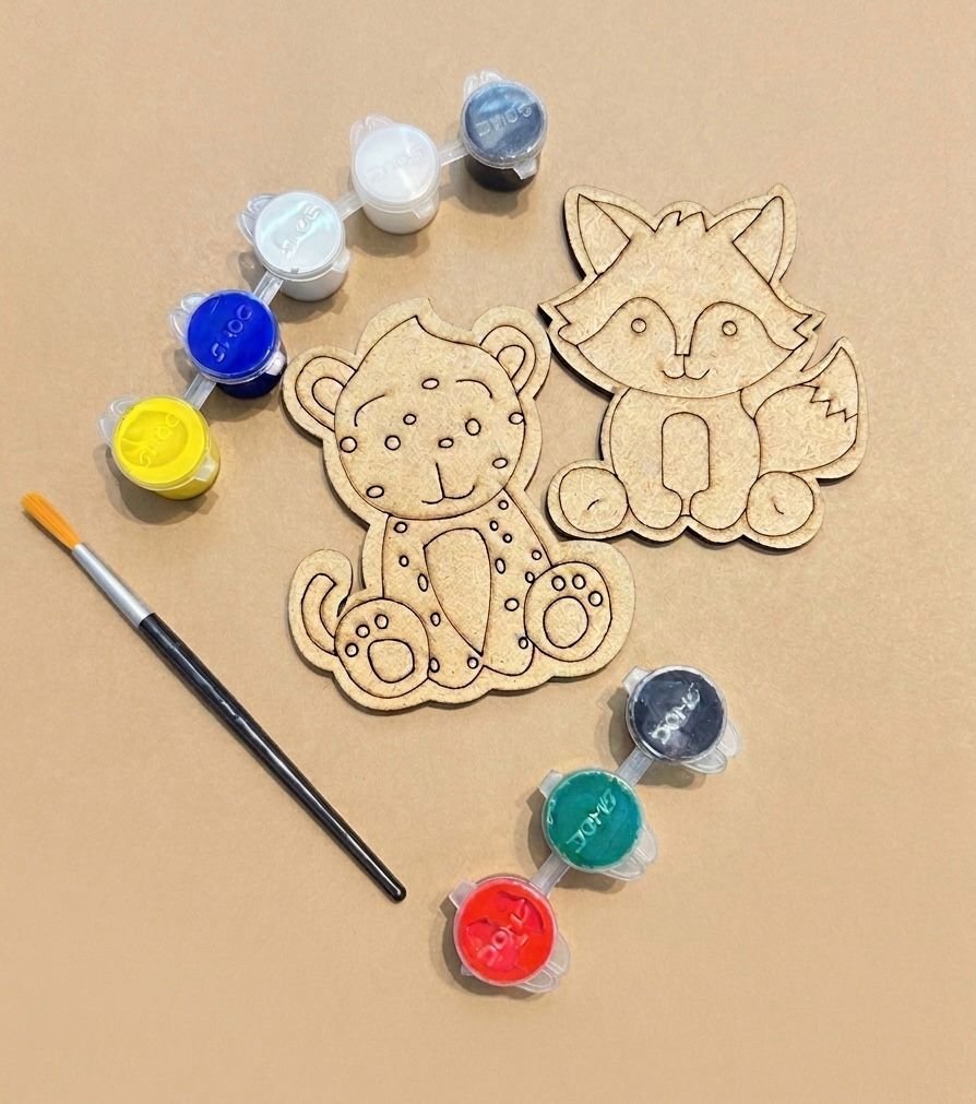 DIY Wooden Animal Painting Kit for Kids | 2 Cute MDF Animal | 6 Watercolours and Brush | Art & Craft Activity