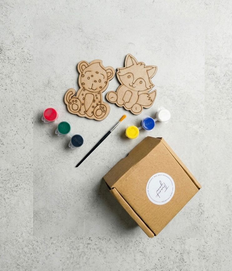 DIY Wooden Animal Painting Kit for Kids | 2 Cute MDF Animal | 6 Watercolours and Brush | Art & Craft Activity