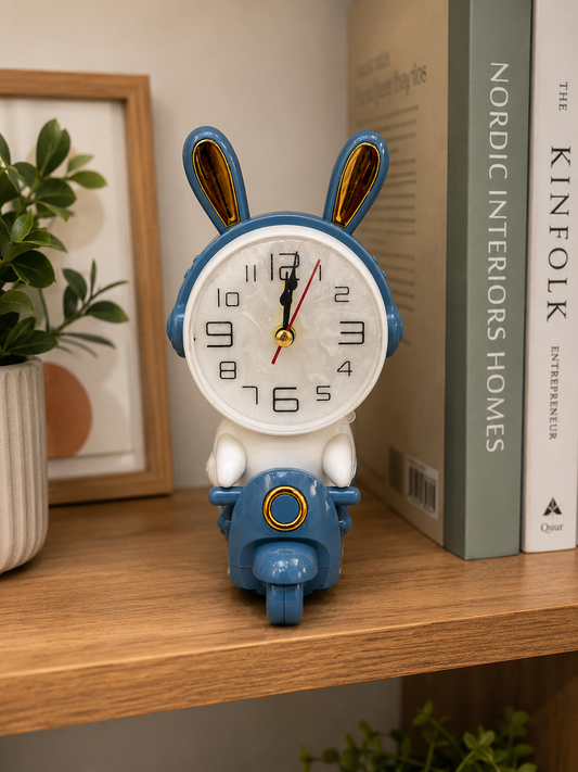 Cute Rabbit Scooter Desk Clock | Silent Quartz Movement | Bunny Design | Decorative Bedroom and Study Table Clock