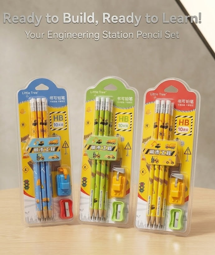 Kids' Stationery Kit with Wooden Pencils, Sharpener, Erasers, Cartoon Theme (12 Pencils)