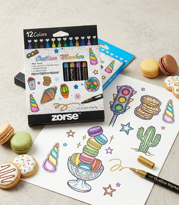 12 Pc Metallic Double Line Outline Markers Glitter Pen Set for Rock Painting, Glass, Mug, Wood, Fabric, Canvas, DIY Craft with Fine Medium Tip Perfect Creative Gift Idea