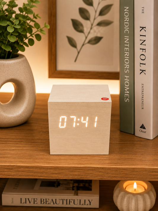 Wooden | LED | Digital Alarm Clock | Mini Cube | Time/Date/Temperature Display | Brightness Adjustable | Bedside Table Clock for Home Office Travel