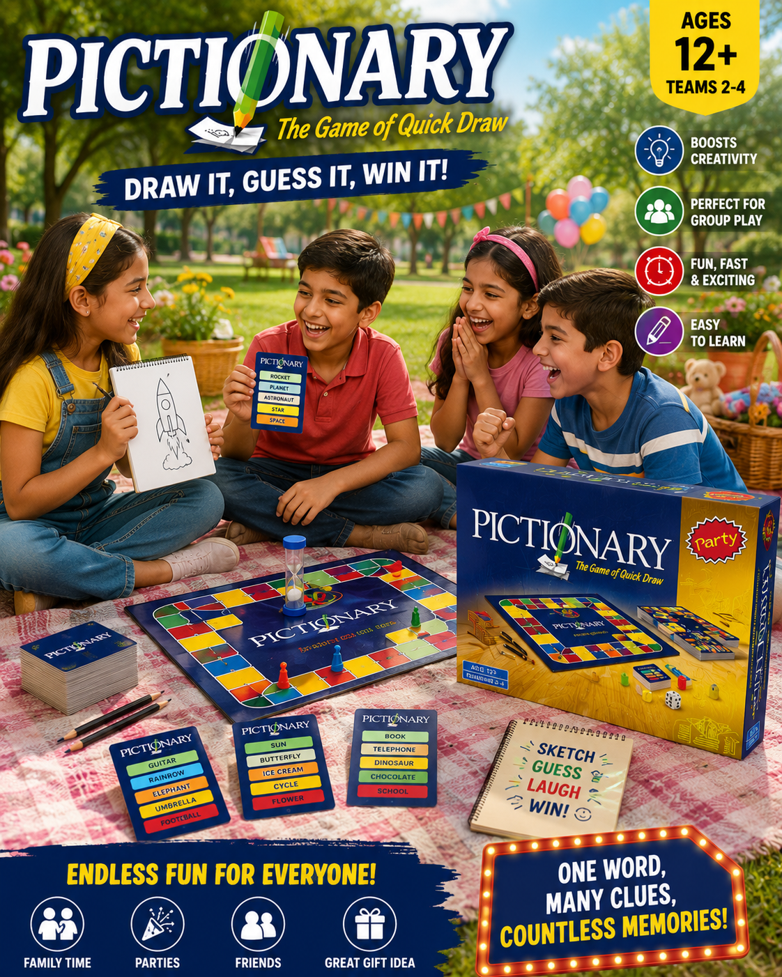 Pictionary Board Game for Kids and Adults | Game Of Quick Draw for kid and adult | Quick Draw Sketches | Crazy Guesses | All Ages Card Board Game |Family Game Night