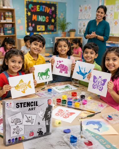 Kids Stencil Art Kit | DIY Painting Set for Kids 3+ Years | Drawing & Colouring Craft Kit with Animal Stencils | Paints & Brush | Educational Art & Craft Activity