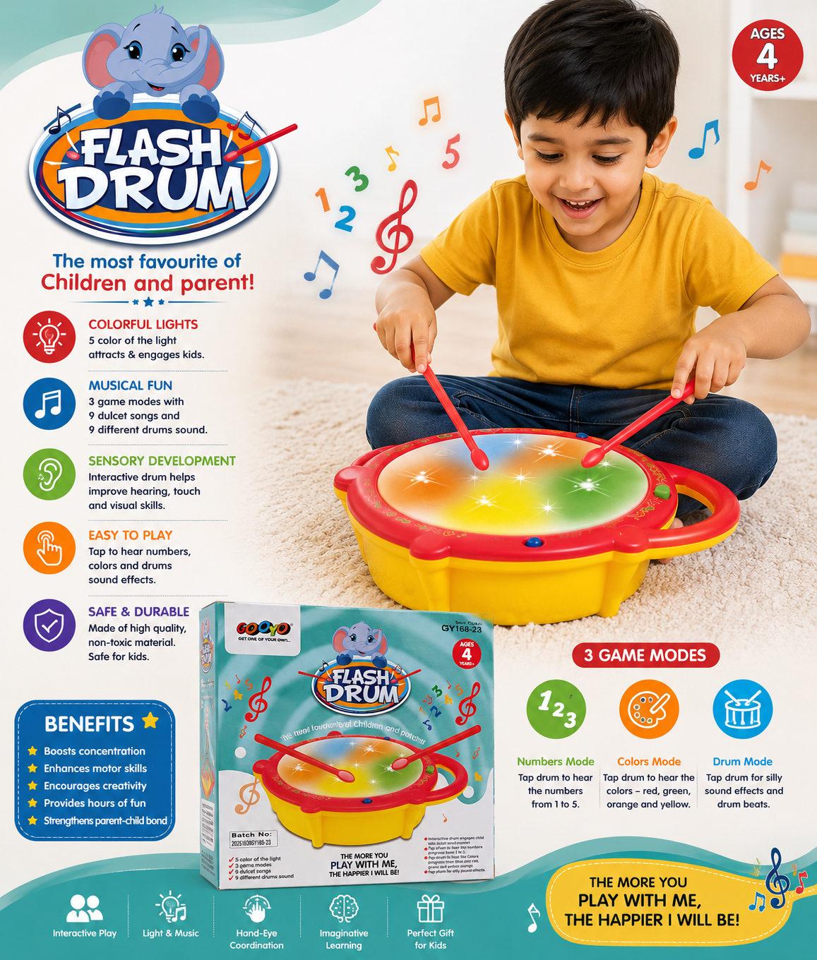 Flash Drum Toy with 3D Lights & Sounds | Dynamic Musical Instrument Toy for Kids | Flash Drum Toy for Gifts | Pink | 3xAA Battery (Not Included)