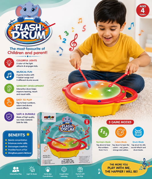 Flash Drum Toy with 3D Lights & Sounds | Dynamic Musical Instrument Toy for Kids | Flash Drum Toy for Gifts | Pink | 3xAA Battery (Not Included)