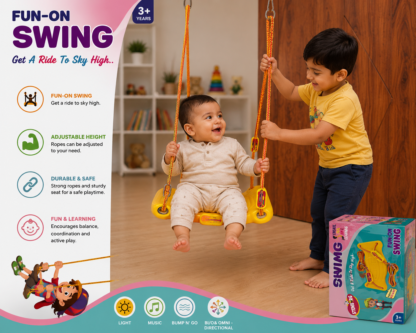 Adjustable | Nylon Rope | Plastic Swing with Metal Ring | 3–10 Years | Toddlers Small Swing (Yellow)