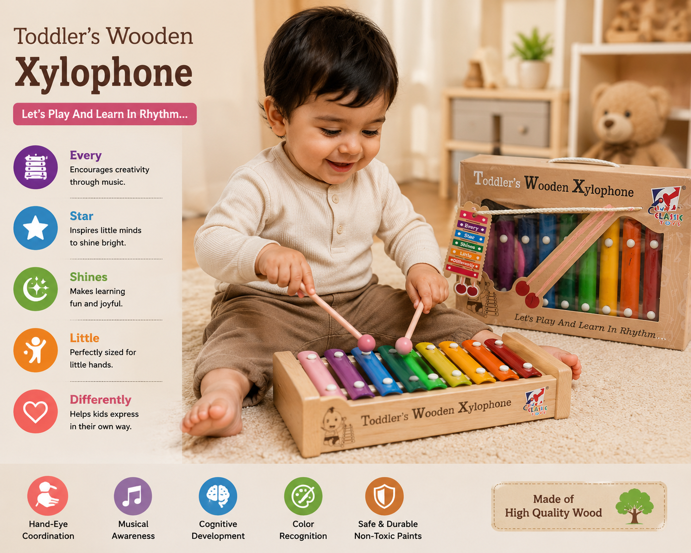 Wooden 8-Note Xylophone with Mallets | Non-Toxic | Safe | Kids Educational | Musical Instrument | Lightweight Play set | Gifts for Toddlers