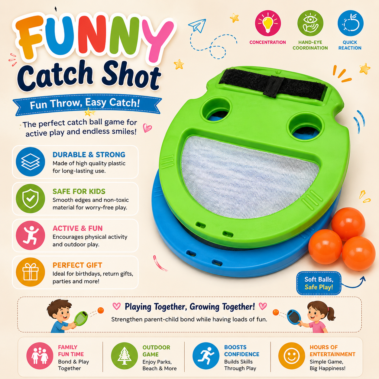 Catch & Throw Ball Outdoor Games for Kids | 2 Balls and 2 Catchers | Catch Ball Game for Outdoor and Indoor Sport | Fun Catcher Toy | Ball Catching & Throwing Games