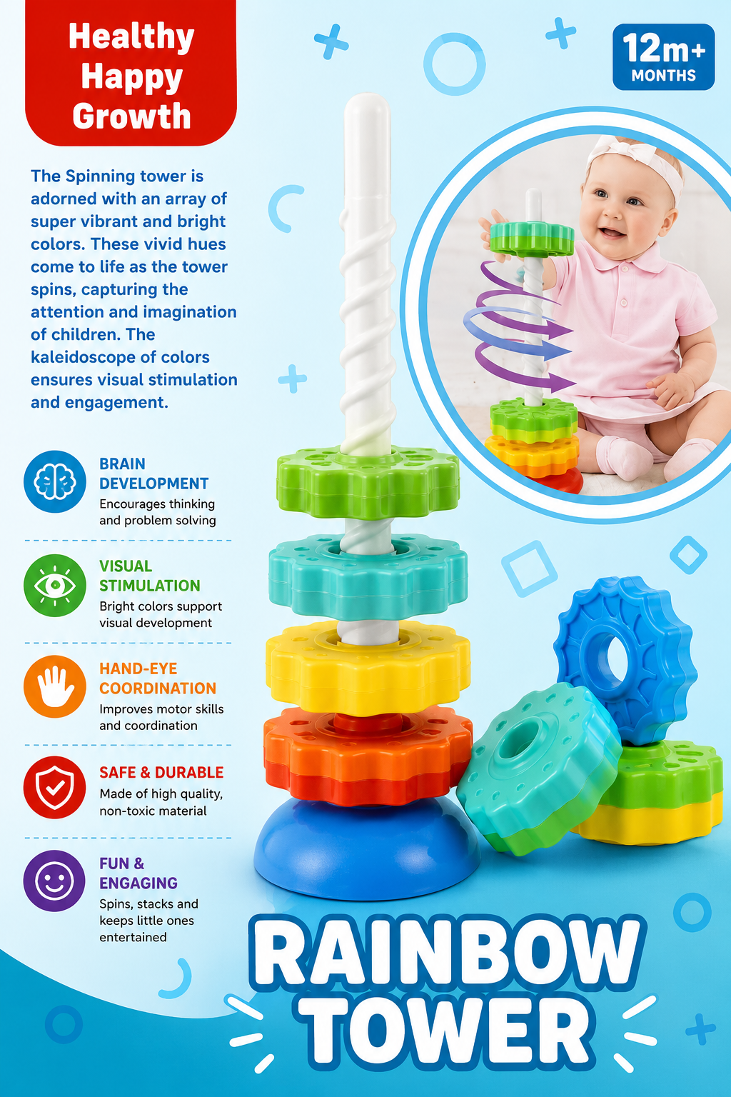 Rainbow Stacking Rings Toy for Baby | Spiral Spinning Tower Gear Stackable Rotating Base Blocks | Educational Toddler Learning, Fine Motor Skills (5 Rings)