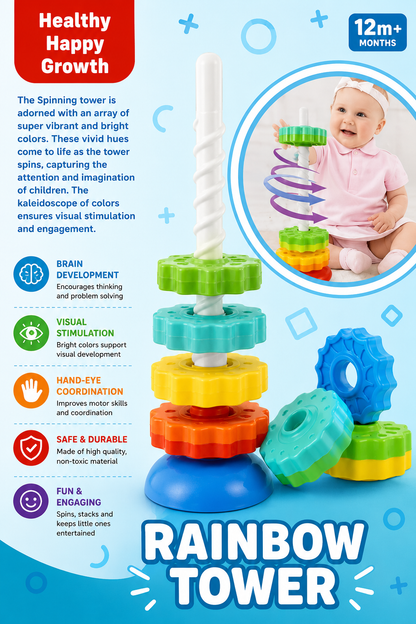 Rainbow Stacking Rings Toy for Baby | Spiral Spinning Tower Gear Stackable Rotating Base Blocks | Educational Toddler Learning, Fine Motor Skills (5 Rings)