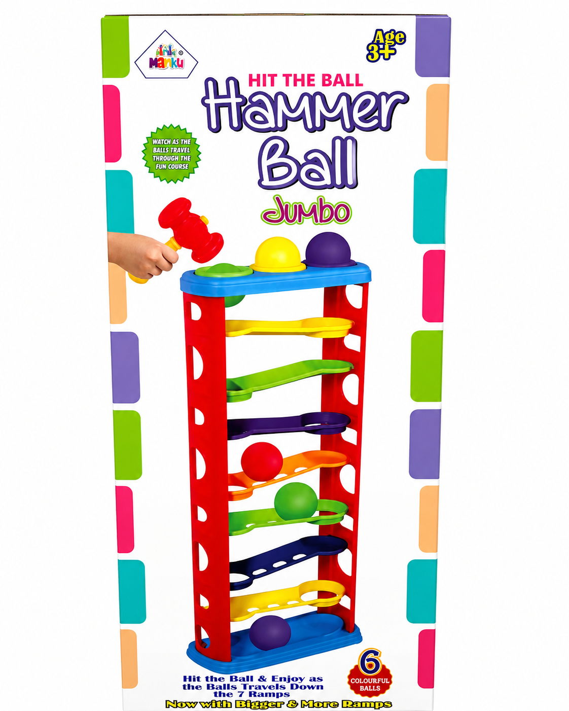Ramp Tower | Race Slope Rolling Hammer Ball Toy Set with 4 Balls 1 Hammer | Sharp Edges | Free Fun Learning Toy for Kids - Multicolor