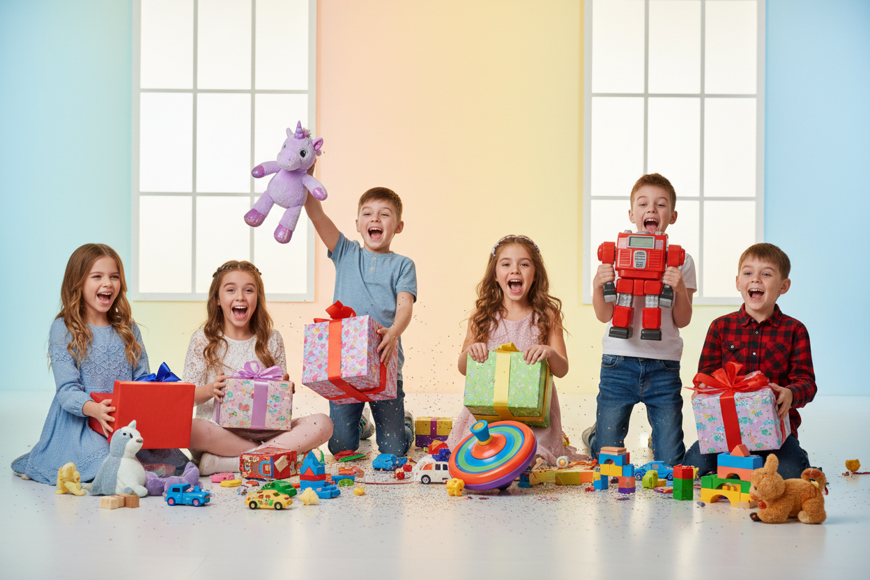 Kids unwrapping toys
