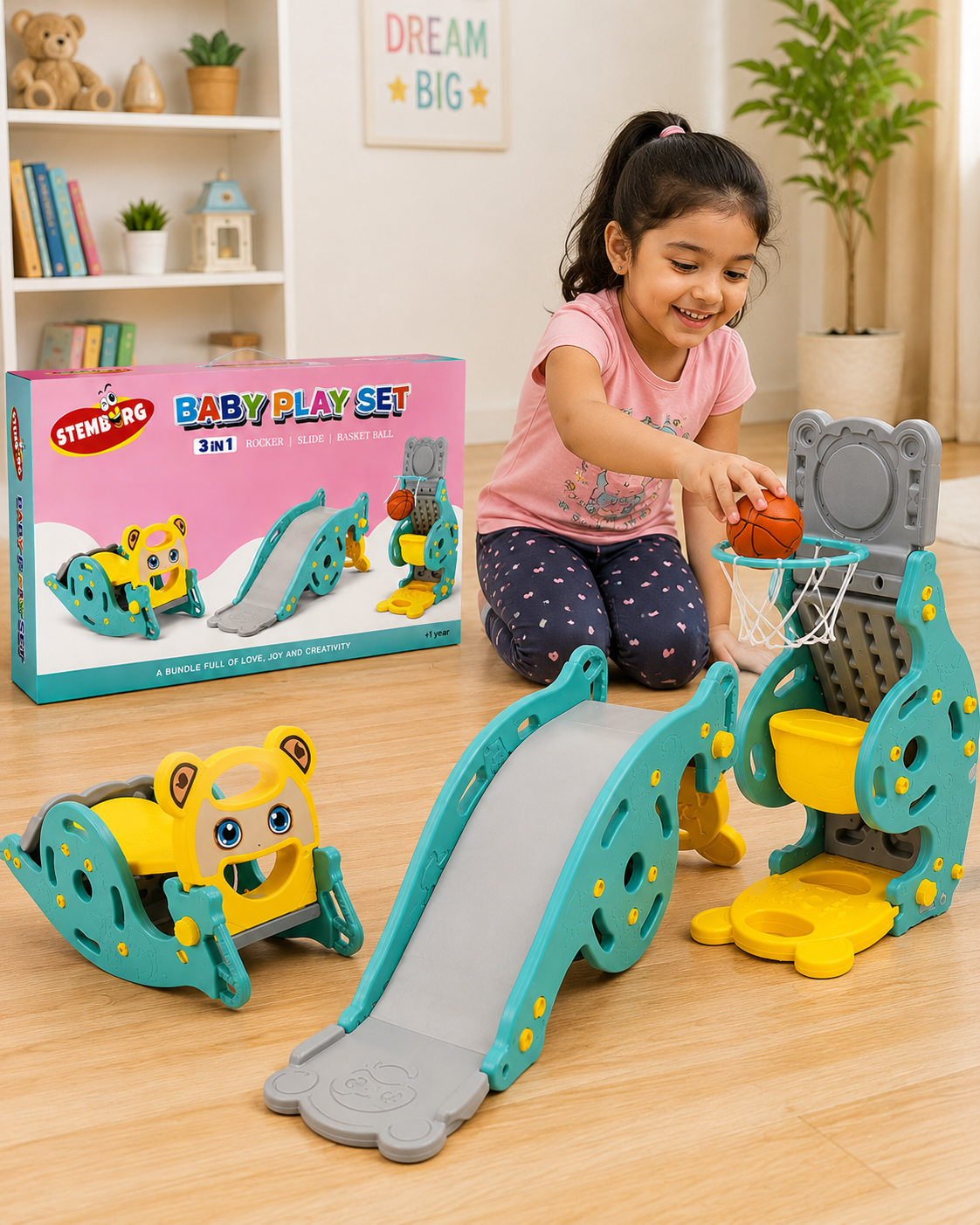 3 in 1 Foldable Slide | Baby Slide with Rocker & Basketball | with Ball | Foldable Freestanding Indoor & Outdoor Slides| Rideon & Rocker | 18+ Months