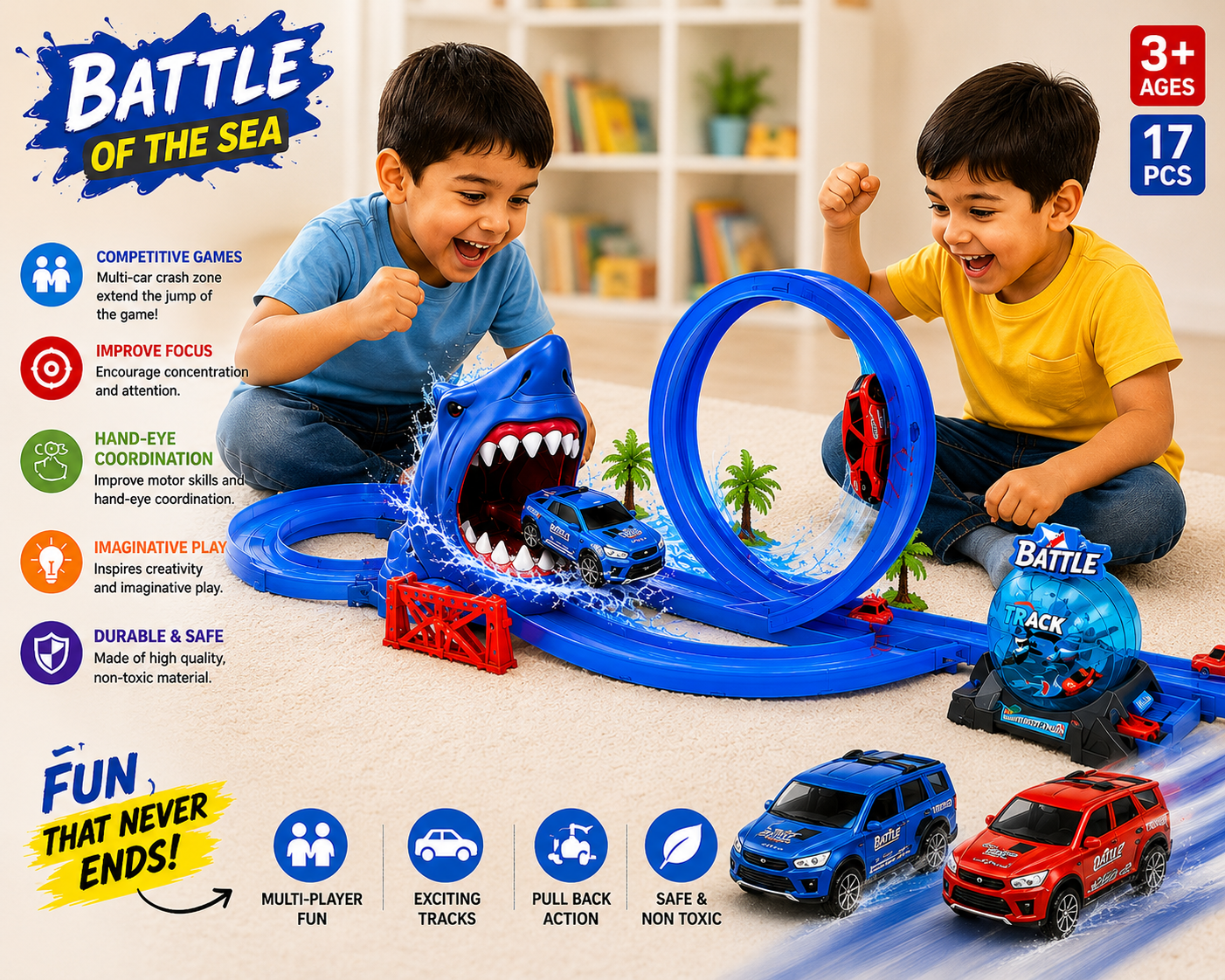 Track Racer Car Toy Set for Kids Age 3–12 Years | 360° Loop Stunt Track with Flame Jump | Inertia Powered Launcher Car Racing Play Set | DIY Assembly for Boys & Girls