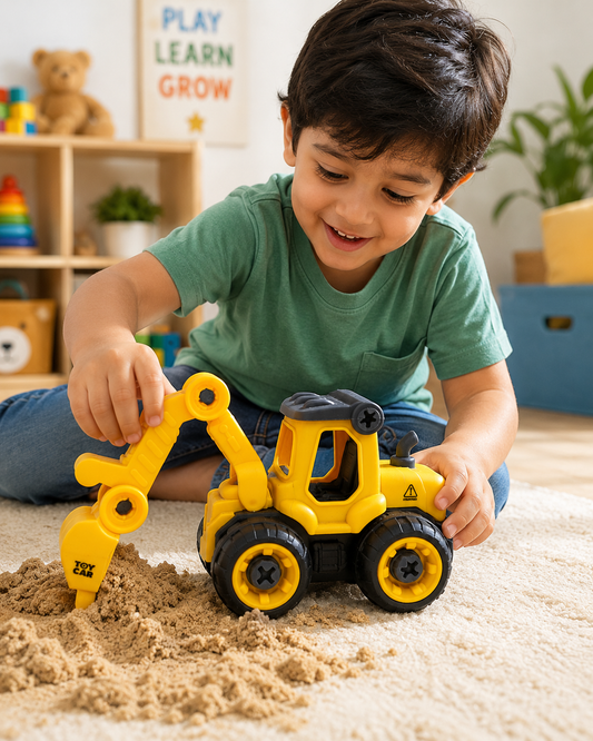 Bulldozer Construction Vehicle Toy | Realistic JCB Toy with Movable Parts | Friction Powered Push & Go Truck for Kids | Yellow