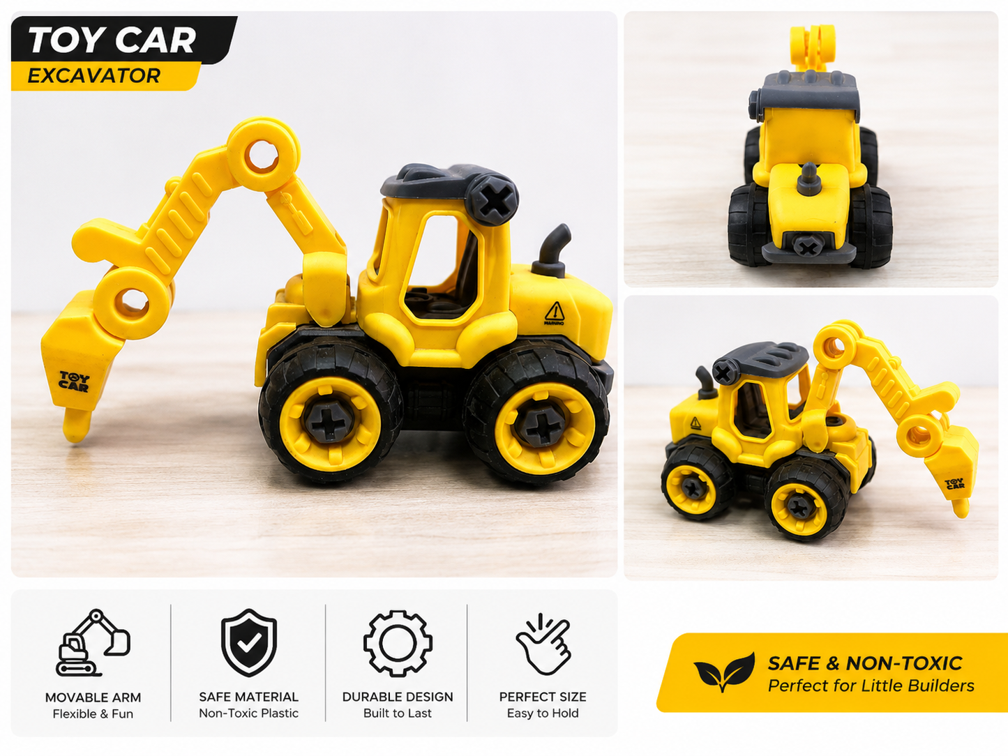 Bulldozer Construction Vehicle Toy | Realistic JCB Toy with Movable Parts | Friction Powered Push & Go Truck for Kids | Yellow